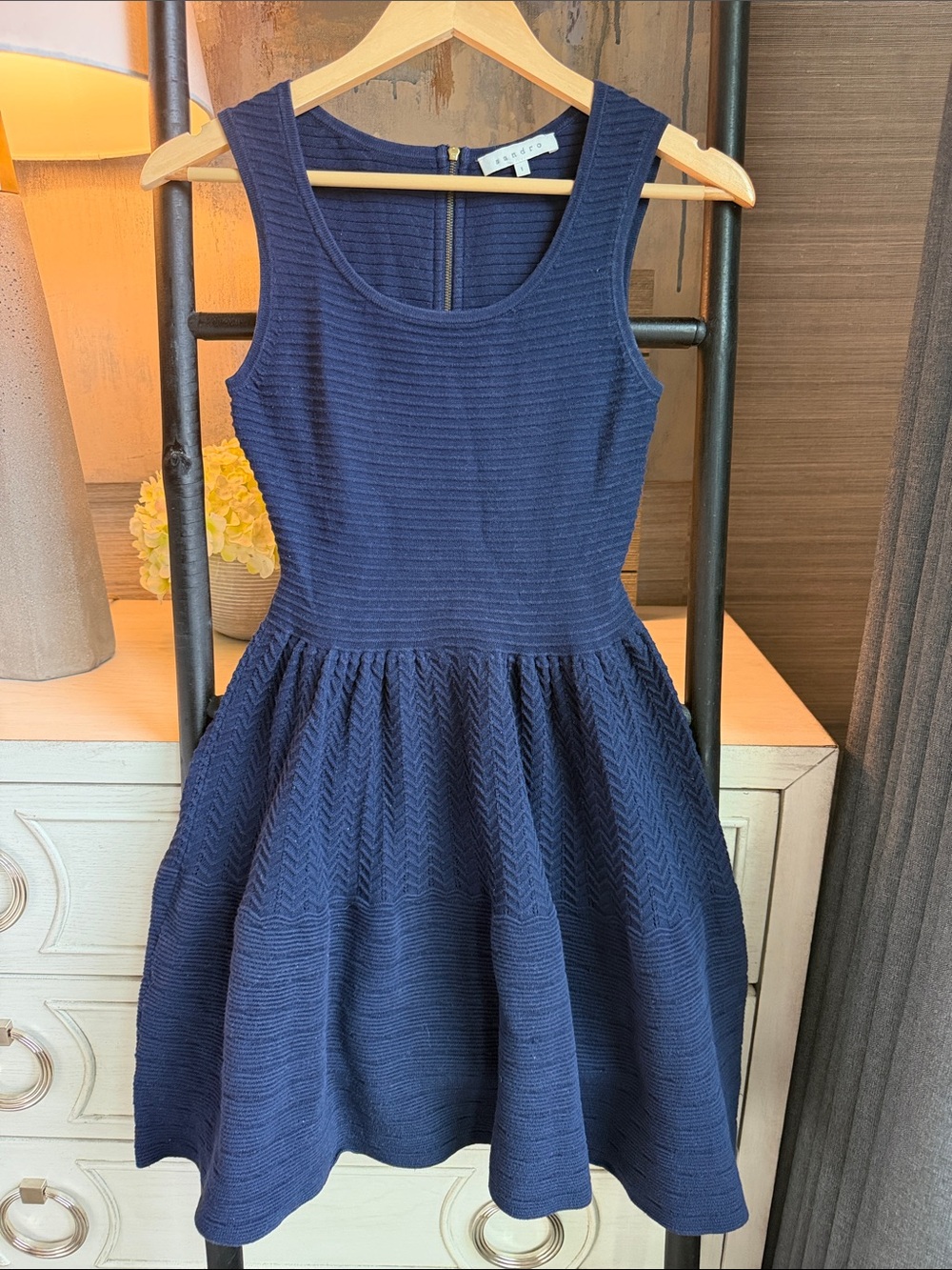 Sandro Navy Textured Fit-and-Flare Dress